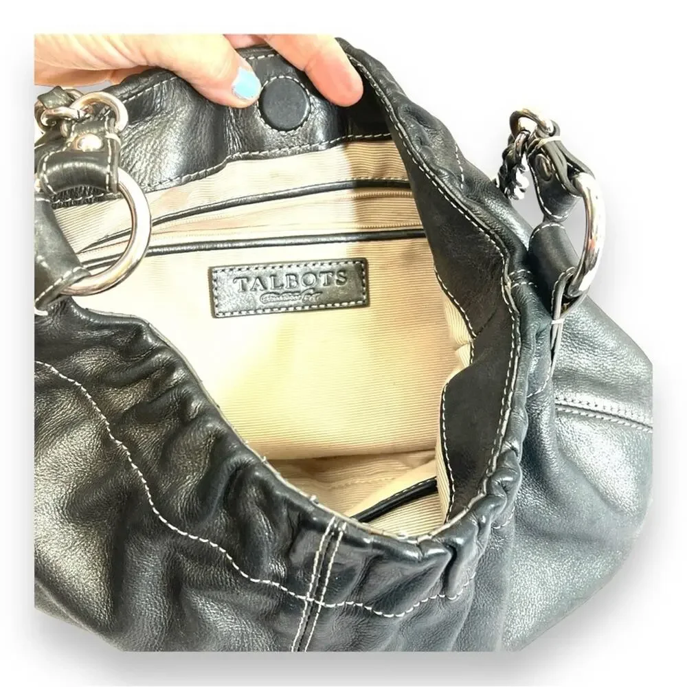 TALBOTS Metallic Gray Leather Hobo Shoulder Bag with Silver Tone Hardware